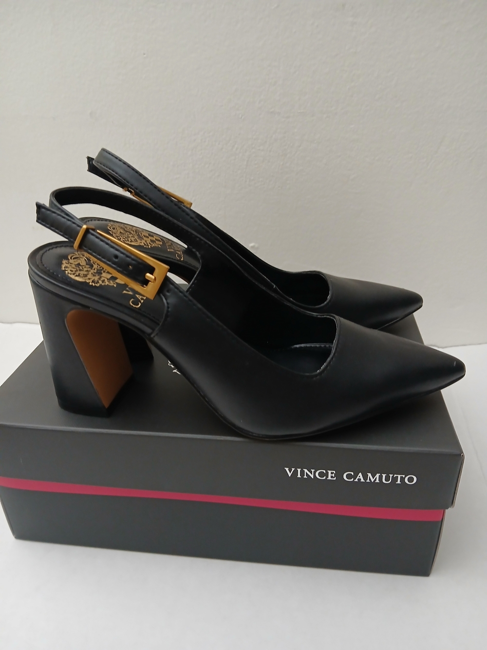 Vince Camuto Black Leather Pointed Slingback Pumps with Gold Buckles - Picture 6 of 11